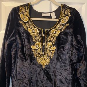 Soft Surroundings Sz Small Tunic Velvet Beaded Black Embroidered Blouse EUC HTF